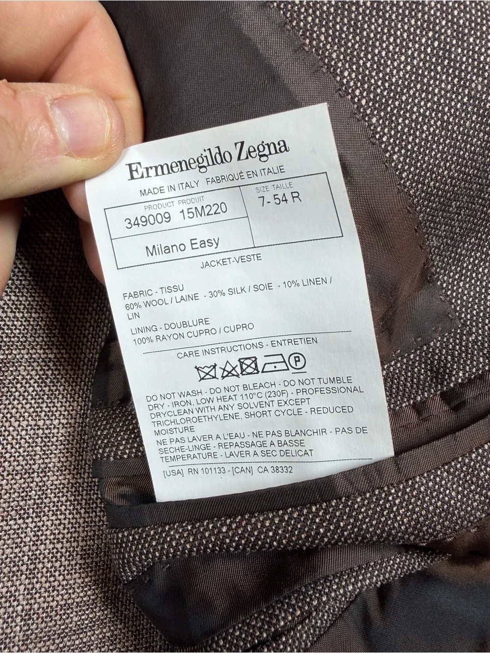 Ermenegildo Zegna Milano Easy 54EU 44R Wool Silk Linen Brown Plaid Sport Coat